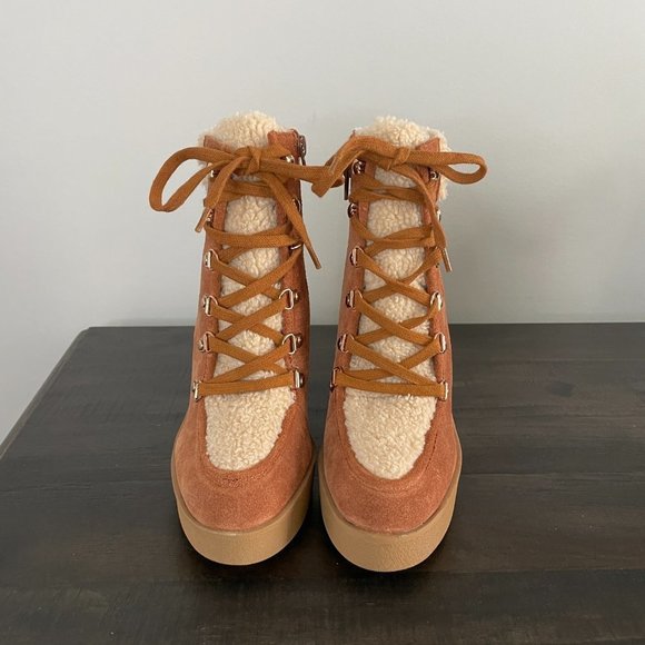 JESSICA Simpson Maelyn Lace-Up Suede Sherpa Platform Wedge Hiker Boots 6.5 - Picture 8 of 13